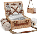 Picnic Basket with Blanket and Wine Pouch for 2, Wicker Picnic Set with Insulated Liner Cooler Bag Hamper for Camping,Wedding - Natural