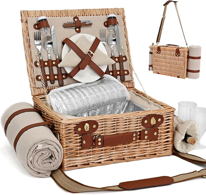 Picnic Basket with Blanket and Wine Pouch for 2, Wicker Picnic Set with Insulated Liner Cooler Bag Hamper for Camping,Wedding - Natural