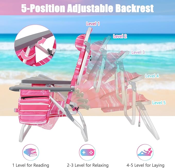 GYMAX Beach Chairs, Backpack Camping Chair with Armrest, Cooler Bag, Cup Holder, Towel Bar & Side Pockets, Sunbath Sling Tanning Lounge, Folding Layout Chair (with Table, Pink Stripe)