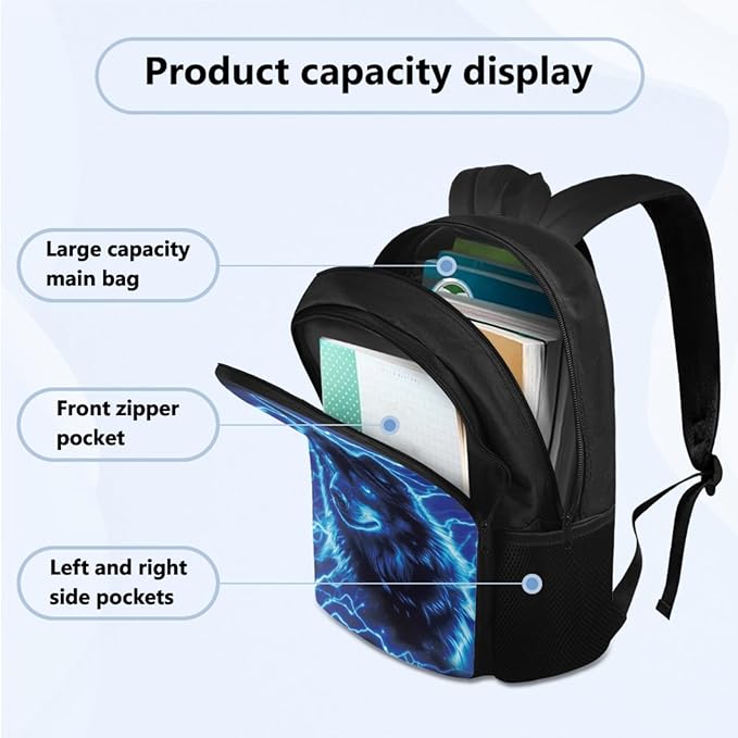 Cool Wolf Backpack Set for Boys Back to School, Backpack for 4th Grade Boys Lunch Box Water Bottle Holder Pencil Case 4 Piece Set Art School Supplies for Camping Picnic