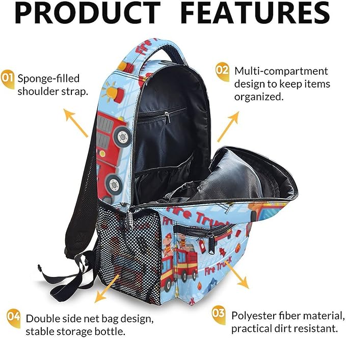 Kids Boys School Backpack, 17 Inches Fire Truck Backpacks for Toddlers 3-5, Ultralight Durable Truck Bookbag with Adjustable Straps for Kindergarten Primary Elementary, Back to School Gifts