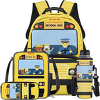 School Bus Backpack and Lunch Box Cool Kids Backpack Lightweight Portable Bookbag and Lunch Box Set for Boys 4pcs School Bag for Boys 6-7 Outdoor Travel Daypack Hiking Camping