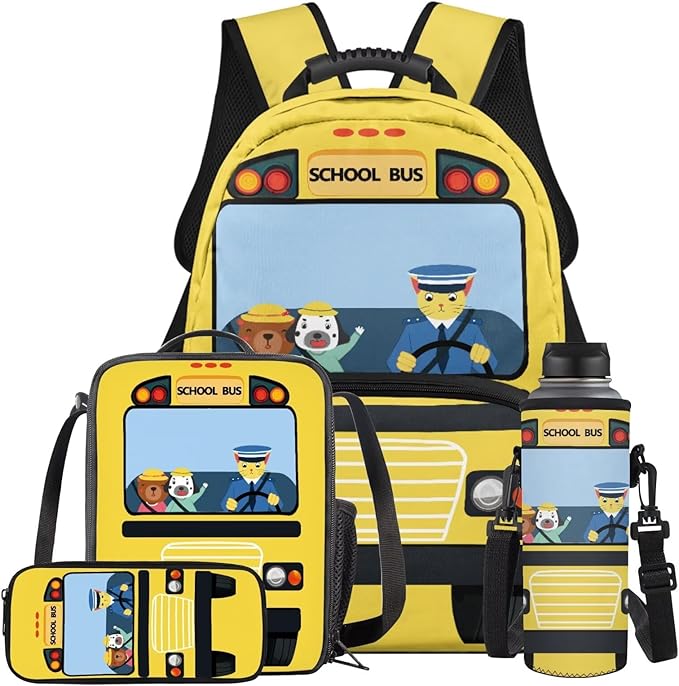 School Bus Backpack and Lunch Box Cool Kids Backpack Lightweight Portable Bookbag and Lunch Box Set for Boys 4pcs School Bag for Boys 6-7 Outdoor Travel Daypack Hiking Camping