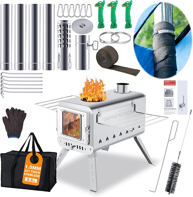 CHANGE MOORE Hot Tent Stove, Secondary Burn Design - Improve Combustion Efficiency, Portable Wood Burning Tent Stove w/Chimney Pipe & Anti-scalding Cloth, for Outdoor Camping, Hunting, Ice Fishing