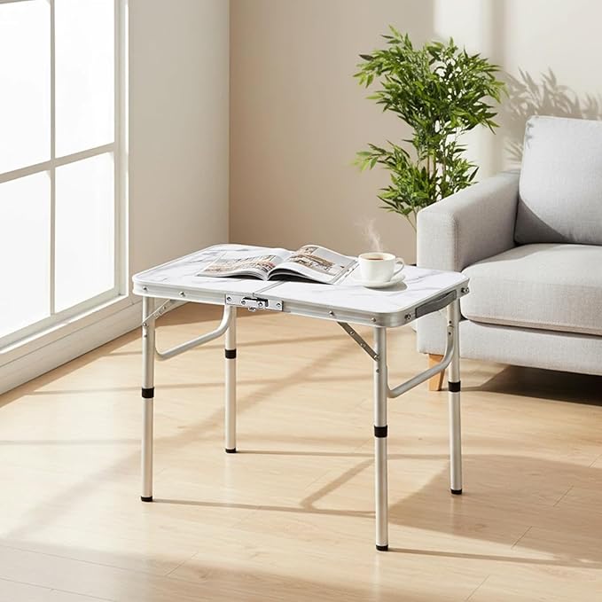 Small Folding Camping Table, 2ft Portable Table with 3 Adjustable Heights, Aluminum Lightweight Foldable Picnic Table with Mesh Layer and Extension Legs for RV, BBQ and Indoor