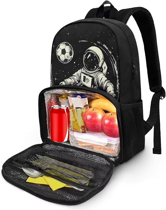 Boys Grils Kids Meal Prep Backpack All in One Backpack Insulated Lunch Bag Travel Casual Elementary Middle High School Student Backpack Hiking Daypack, Astronaut Soccer