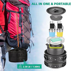 17pcs Camping Cookware Kit, Aluminum Non-Stick Pot, Pan and Kettle Set with 2 Set Stainless Steel Cups Plates Forks Knives Spoons for Backpacking and Hiking Camping