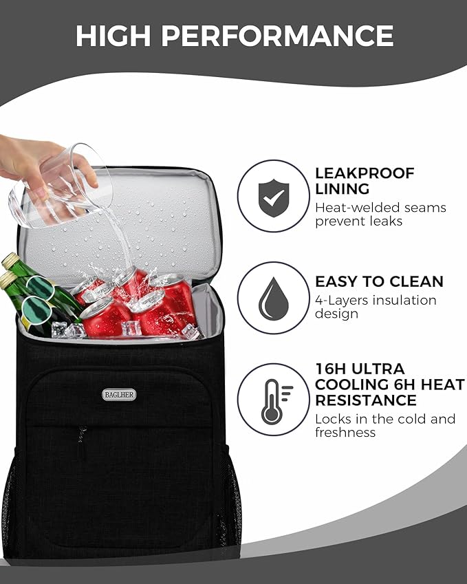 BAGLHER Lightweight Insulated Cooler Backpack - 30 Cans, Leak-Proof for Lunch, Picnic, Hiking, Camping Trips