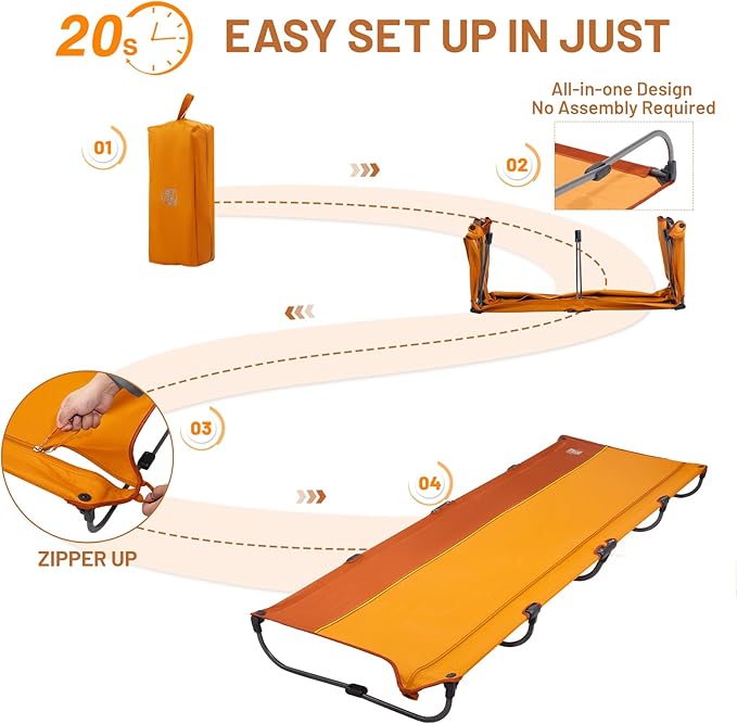 TIMBER RIDGE 20-Second Quick Set-Up Camping Cot, Lightweight Aluminum Folding Cot Low Profile with Zipper Closure, Portable Carry Bag for Camping, Travel and Outdoors, Support up to 225lbs, Orange