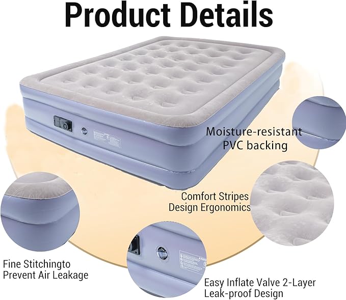 Queen Air Mattress Bed with Built in Pump,16 Inches High Queen Airbed Inflatable Mattress,Comfort Thickened Blow Up Air Mattress,Travel Sleeping Pad for Guests Home(Queen Size)