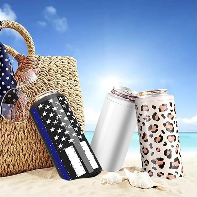 TILUCK Skinny Can Cooler for Slim Beer & Hard Seltzer, Stainless Steel, Doucle-Walled Stainless Steel Insulated Slim Cans, Standard 12 oz (Black U.S. Flag)