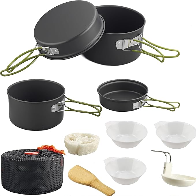 HOMGEN Portable Camping Cookware Set-Lightweight Aluminum Camp Pots and Pans Kit-Comes with Non-Stick Pots/A Frying Pan etc-Complete Camping Mess Kit for Camping/Hiking/Fishing & Other Outdoor Trip