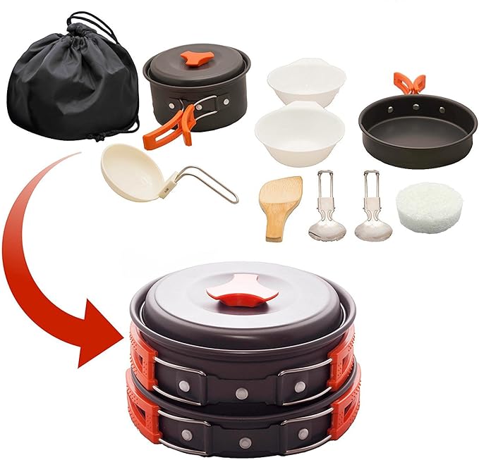 12 PCS Lightweight Camping Cookware Set – Non-Stick Pots, Pans & Utensils for Backpacking, Hiking & Outdoor Cooking – Compact Mess Kit for 2-3 People (Orange, Aluminum)