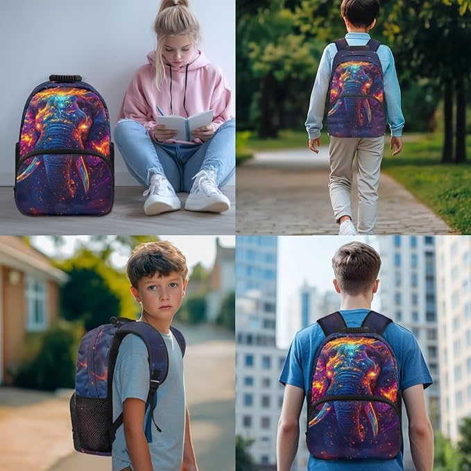 Elephant Backpack with Lunch Bag Animal Backpack for Kids Lightweight Portable Kids Bookbag and Lunch Box Set Boys 4 in 1 School Bag for Boys 7-8 Travel Daypack Camping Outdoor