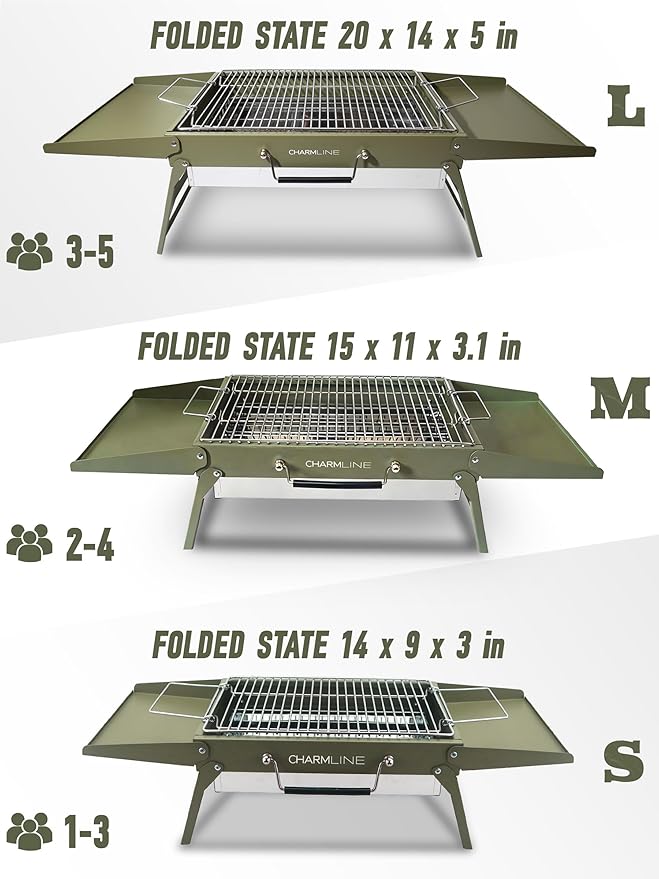 Charmline 14x9 inches Small Portable Charcoal Grill, Camping Gift for Outdoor Enthusias, Tabletop Charcoal Grills for Camping, Picnics, Gardens and Beach Parties, Green