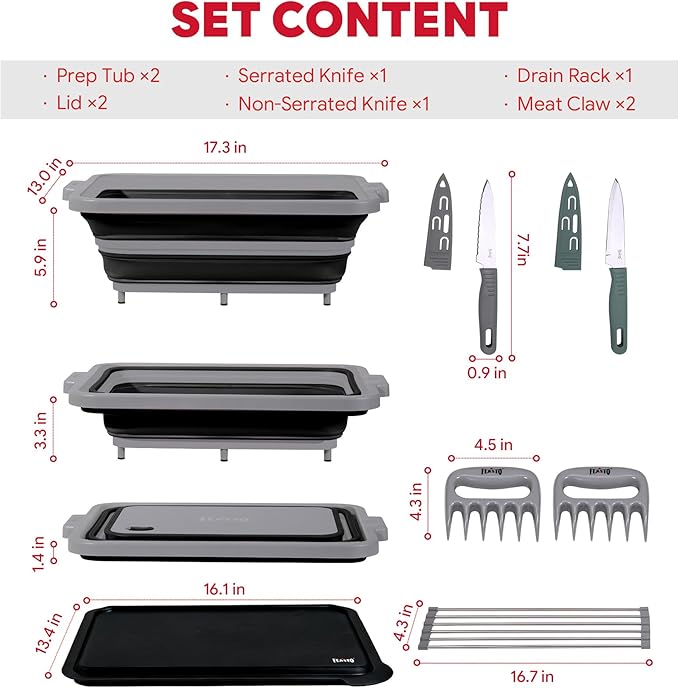 9-IN-1 Collapsible BBQ Prep Tub with Cutting Board, Portable Grill Prep Station with Side Brackets, Lids, Knives, Meat Claws and Drain Rack, Space-Saving for Kitchen, RV, Camping, Black