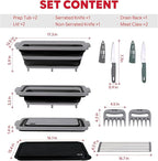 9-IN-1 Collapsible BBQ Prep Tub with Cutting Board, Portable Grill Prep Station with Side Brackets, Lids, Knives, Meat Claws and Drain Rack, Space-Saving for Kitchen, RV, Camping, Black