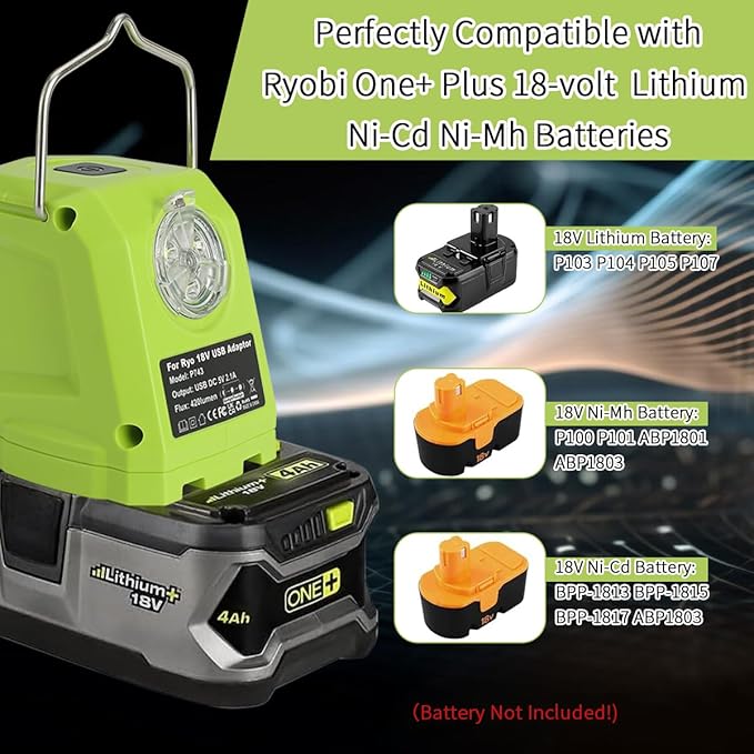 Battery Adapter for Ryobi 18volt One+ P107 P108 Li-ion Battery,Portable Power Source Converter with Dual USB Phone Charge Port,420LM Flashlight LED Work Light with Hook,Outdoor Lantern Camping Lamp