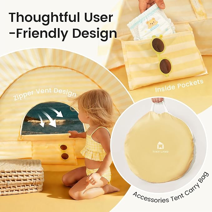 Tiny Land Baby Beach Tent – Pop Up Baby Tent with UV Protection, Portable Baby Beach Essentials, 35.4"x27.6"x31.5" Sun Shelter for Infants, Baby Summer Outdoor Use (Pastel Yellow Stripes)