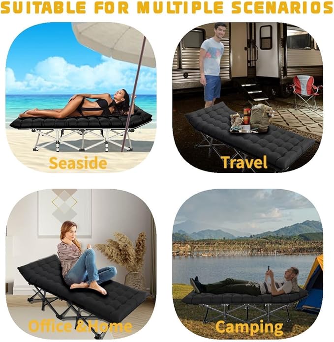 Oversized XXL Folding Camping Cot W/Mat for Adults,Heavy Duty Outdoor Bed with Carry Bag1200 D Layer Oxford Portable Travel Camp Cots Extra Wide Sleeping Cots (Black With Comfortable Mattress)