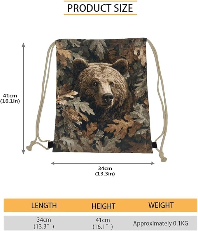Upetstory Forest Bear Drawstring Backpack Camo String Trainer Bag Gym Cinch Sackpack Lightweight Beach Travel Storage Pouch for Outdoor Hiking Cycling Running Office Play Shopping