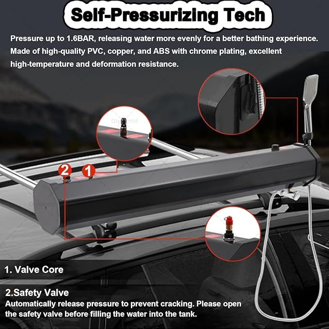 Pressurized Water Tank for Camping Shower, Solar Shower Roof Rack Mount Road Shower with Water Pipe & Shower Headt, Portable Camping Shower for Vehicle Truck SUV Sedan RV,18L/4.76gal
