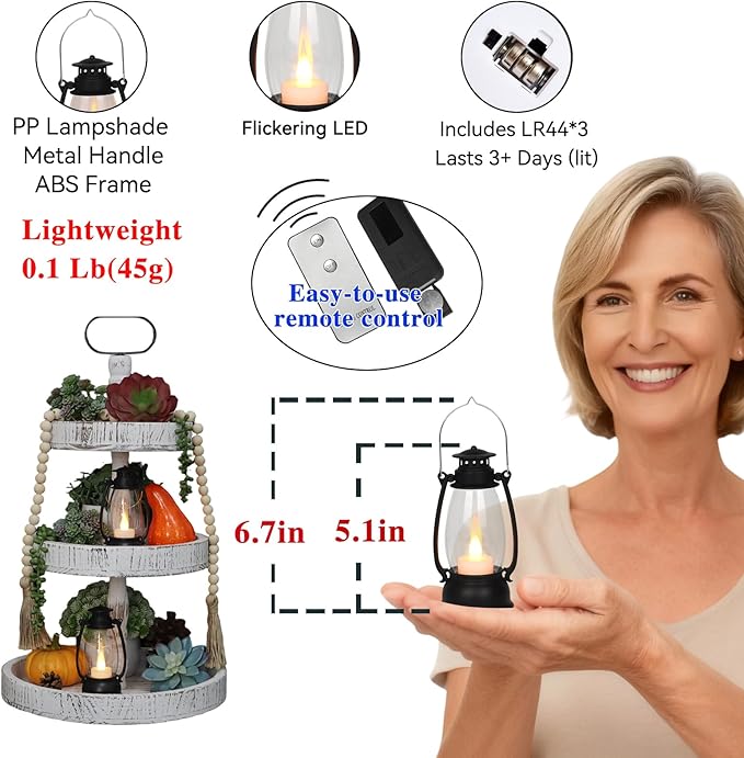 12PCS Black Mini Lanterns with Remote Control, 5.1" H/13cm (6.7" H with Handle) Vintage LED Lantern Decorative - Christmas Table Centerpieces, Western Party Decorations & Camping Party Decor