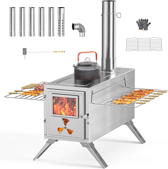 Hot Tent Stove, Camping Wood Stove for Tent, Portable Stainless Steel Wood Burning Stove with 7 Chimney Pipes for Wall Tent Camping, Cooking, Ice Fishing, Hunting, Boiling Water - Medium