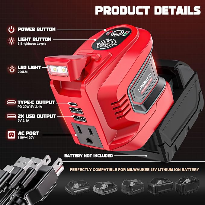 LIVOWALNY 200W Power Inverter Compatible with Milwaukee 18V Battery, DC 18V to AC 110-120V Power Station with 1 AC Outlet, 2 USB, 1 Type-C & LED Light, for Camping Power Outage (No Battery)