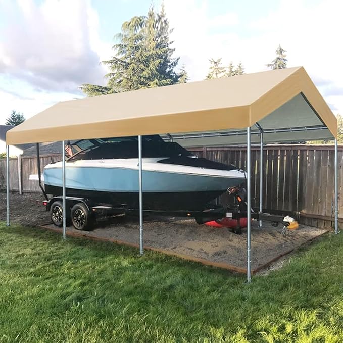 Carport Replacement Canopy Cover for Car Tent Top Garage Shelter Cover Tarp with Ball Bungees (Only Top Cover, Frame Not Include) (Beige 10’ x 20‘)