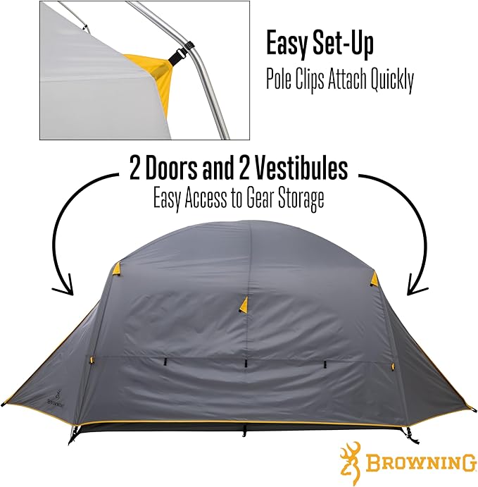 Browning Camping Glacier 4-Person Tent, Free-Standing Cabin Style with Full Coverage Fly
