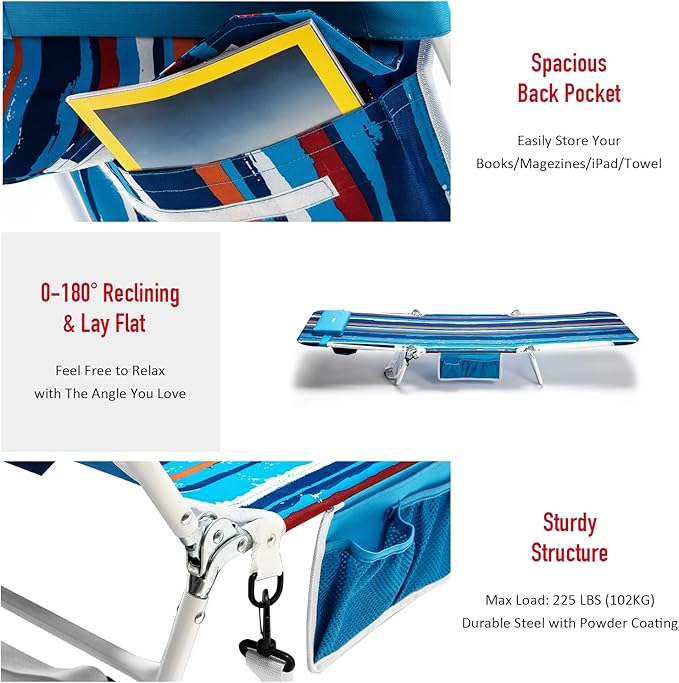daystar SunnyFeel Beach Lounge Chair, Reclining Beach Chairs, 180-degree & Lay Flat, Portable Folding Camping Chairs with Padded Comfy Pillow for Camp/Lawn/Outdoor/Travel/Picnic, Beach Camping Cot