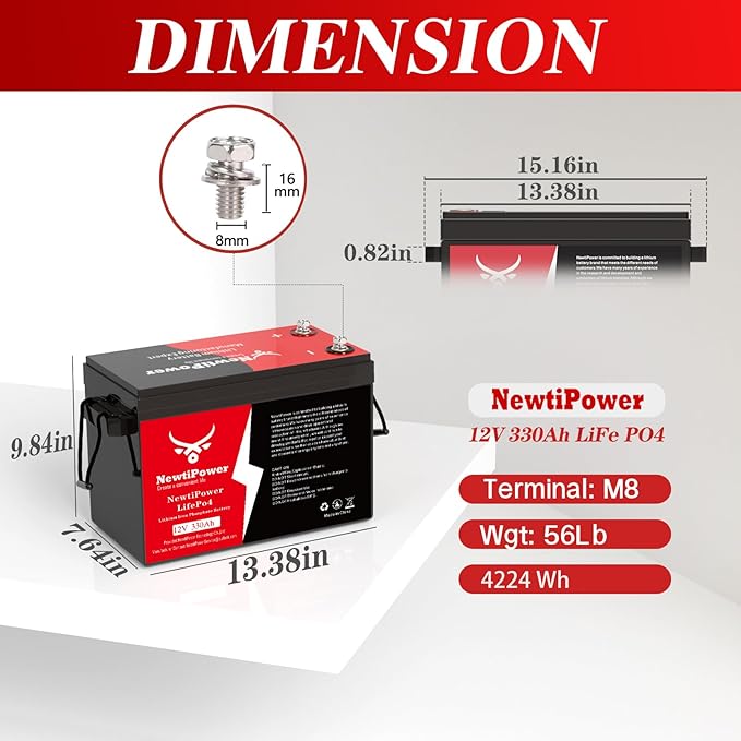 12V 330Ah LiFePO4 Battery Small Size, 4224Wh Lithium Battery with 200A BMS, Up to 10000+ Rechargeable Cycles, Perfect for RV Camping, Trolling Motor, Solar Power Storage (12V*330Ah)