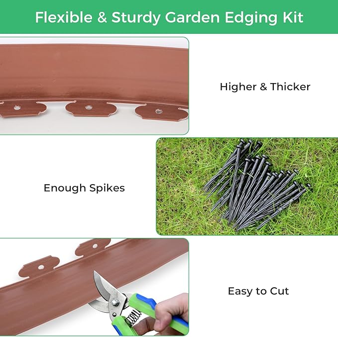 2-Inch x 100 FT Landscape Edging Border with 150 Spikes, Plastic Edging for Landscaping Garden Edging Border, Flexible Landscaping Edging for Garden Flower Beds Yard Lawn Pathway Paver (Brown)