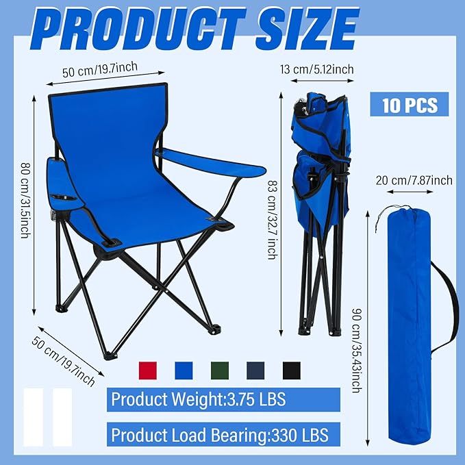 Huwena 10 Pack Folding Camping Chairs Bulk with Cupholder Carry Bags Lightweight Beach Chairs Collapsible Portable Outdoor Lawn Chair for Picnic, Camp, Outside
