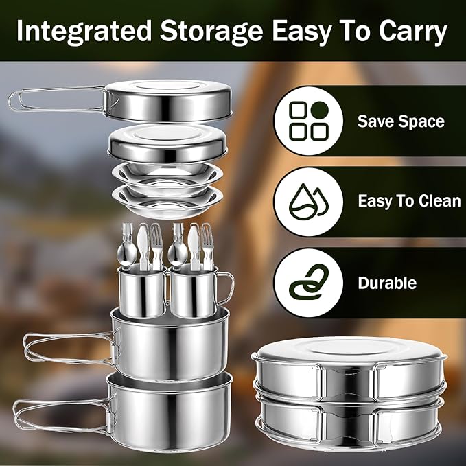 14Pcs Stainless Steel Camping Cookware Set, Lightweight Compact Camping Pots Pans Set with Cups Plates Forks Knives Spoons for Backpacking Camping-Cooking Hiking and Picnic