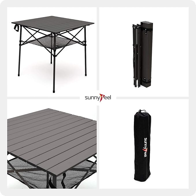 SUNNYFEEL Aluminum Folding Table for Camping, Lightweight Roll Up Top, Portable Camp Tables with Carry Bag for Outdoor Picnic (Square, Brown)