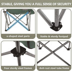 Oversized XL Padded Camping Chair Set of 2 Wide Heavy Duty Lawn Chairs Support 450 LBS Portable Folding Gaint Plus Camp Chair for Outdoor Outside Sports Baseball Soccer-Green