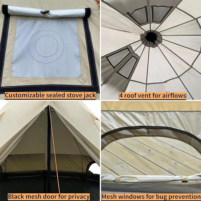 DANCHEL OUTDOOR B2A Portable Bell Tent No Center Pole, 4 Season Yurt with Stove Jack Spacious Interior for 4/8 Person Camping Hiking Glamping 300D Oxford Nylon,13ft/16.4ft Khaki