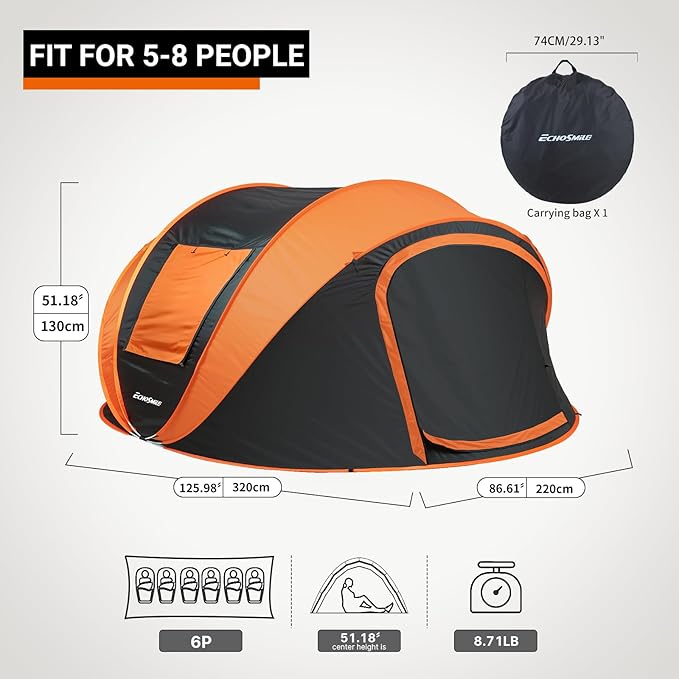 EchoSmile Instant Pop Up Camping Tent, 2/4/6 Person, Easy Setup Tent, Water Resistant Dome, Portable with Carry Bag