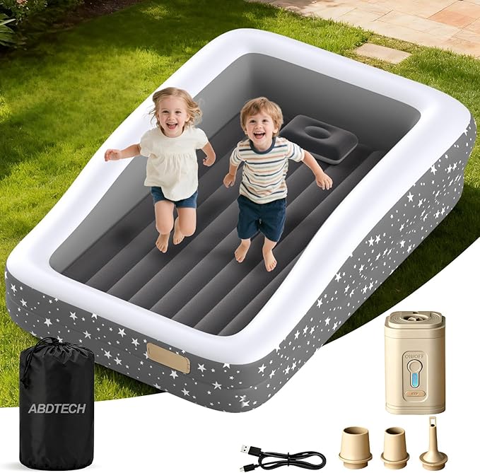 Inflatable Toddler Air Mattress with Built-in Pump - 67 Inches Safety Four Side Inflatable Toddler Travel Bed - Portable Toddler Bed for Outdoor Camping - Easy to Inflate, Deflate and Clean, Grey