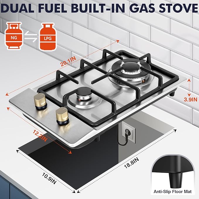 Llamaviva Gas Stove 12 Inch, Propane Cooktop 2 Burner, Portable Gas Cooktop Stainless Steel, Dual Fuel LPG/NG Convertible with Thermocouple Safety Protection for Kitchen, RV, Camping, Outdoor