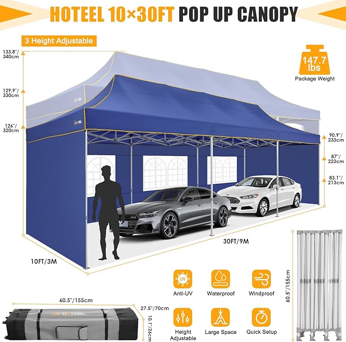 HOTEEL 10x30 Heavy Duty Pop Up Canopy Tent with 5 Sidewalls&Wheeled Bag, Commercial Event Party Tent Wedding Instant Canopy Waterproof, Upgraded Thicked Hexagonal Legs, UV 50+, Deep Blue