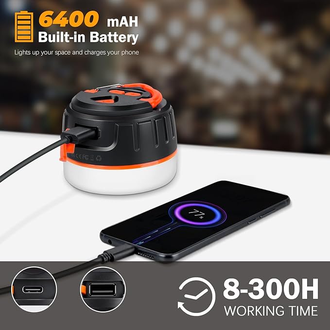 Rechargeable LED Camping Lantern, 300H Runtime, 6400mAh, IPX5 Waterproof Tent Light for Camping, Hiking, Power Outages, Home, Emergency - Standard Edition,Orange