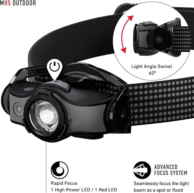 Ledlenser MH5 Rechargeable Outdoor Headlamp - Black, 400 Lumens - Ultra-Lightweight Design with Detachable Lamp Head - Advanced Focus System
