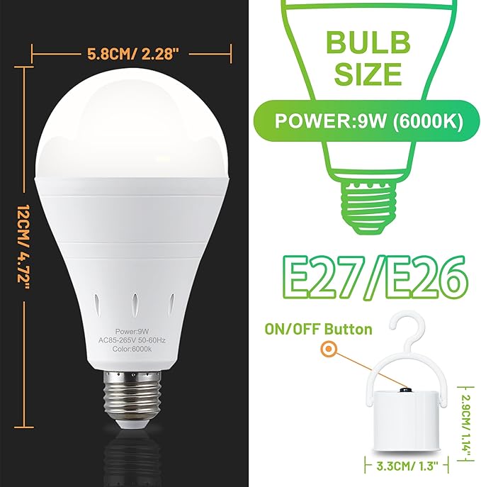 4 Pack Rechargeable Emergency Light Bulbs, Battery Powered LED Light Bulb 6000K Daylight E26 120 Volt 9W 60W Equivalent with 1200mAh for Home Power Outage Camping Hurricane