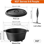 8QT Pre-Seasoned Cast Iron Camp Dutch Oven with Lid, Large Camping Dutch Oven Pot with Tripod Stand, incl. Lid Lifter - Dual Handles - for Outdoor Campfire, Grill, Oven & Stovetop Cooking-Black