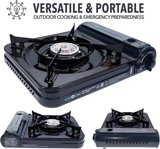 Gas One 10,000 BTU Portable Butane Gas Stove with 4 Pack Fuel and Carrying Case - Midnight