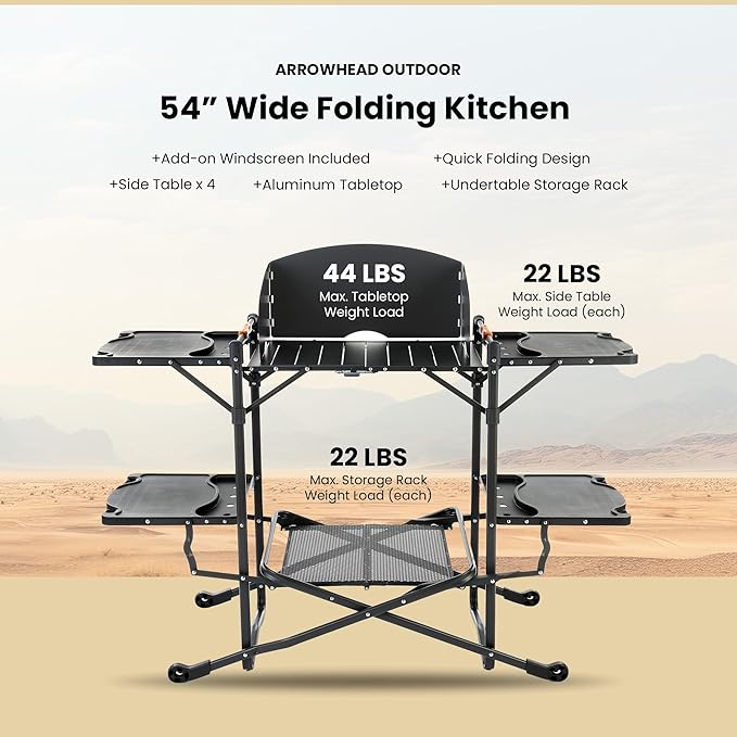 ARROWHEAD OUTDOOR 54" Wide Quick Folding Kitchen Station with Add-on Windscreen, 4 Side Tables, Aluminum Tabletop, Tool-Hanging Cord, 154 LBS Max Weight Load, for Patio BBQ and Camping