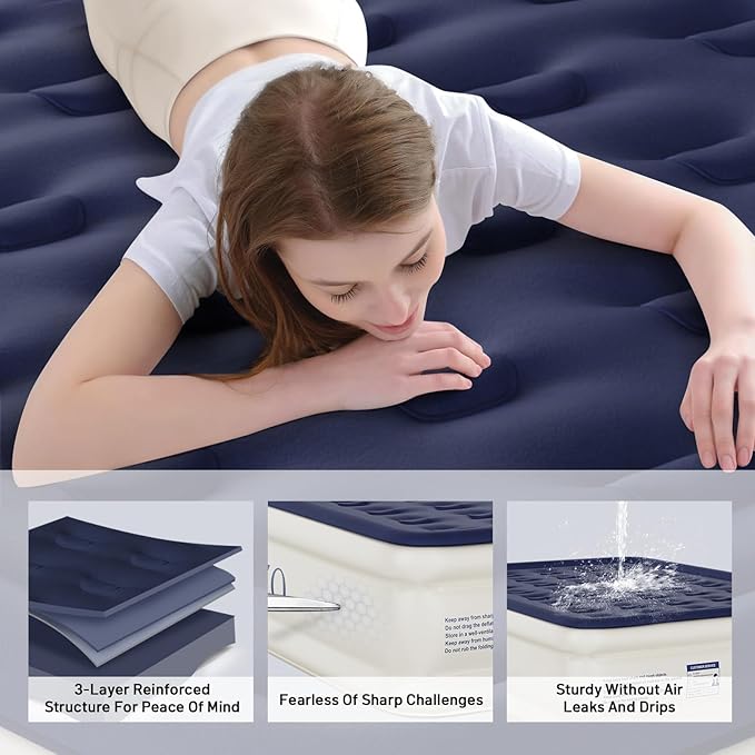 Air Mattress Queen with Built-in Pump, Blow Up Mattress with Soft Flocked Top, Leakproof Inflatable Mattress, Foldable Waterproof Air Bed for Home, Guests, Camping, with Storage Bag